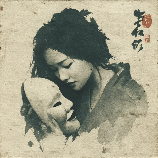 Japanese Sumi-e Watercolor: Woman with Noh Mask