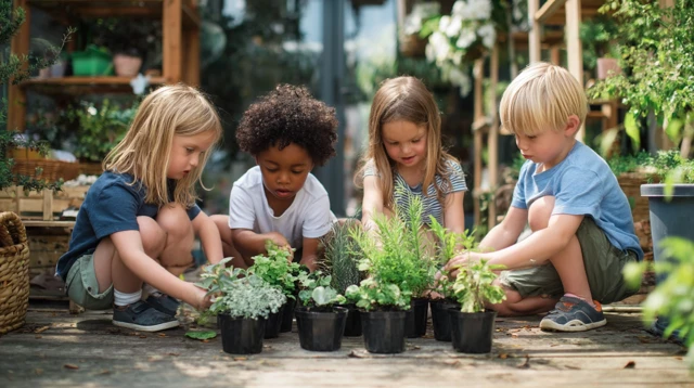 Children Arranging Plants Outdoor Living Space Design