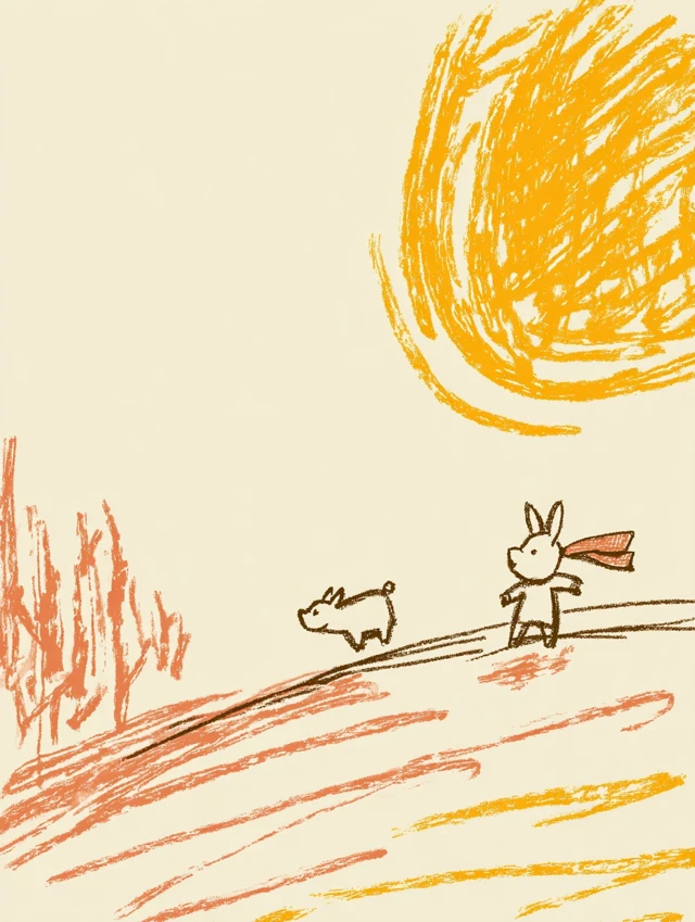 Piglet Chasing Rabbit Whimsical Illustration