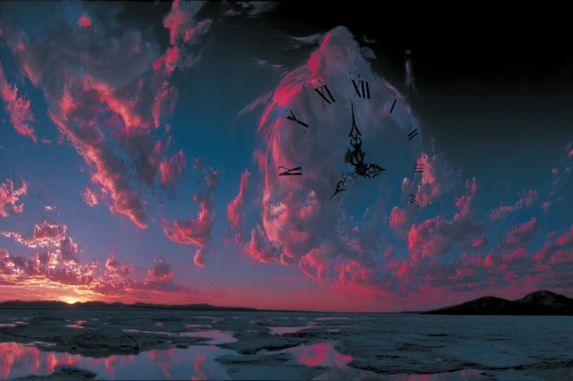 Surreal Time Travel: Hourglass in Red Sky
