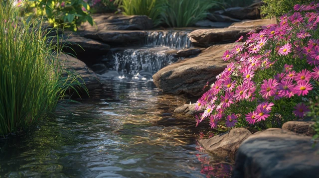 Tranquil Garden Stream with Waterfall and Flowers