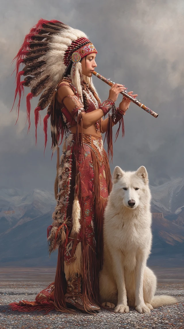 Native American Woman and White Wolf