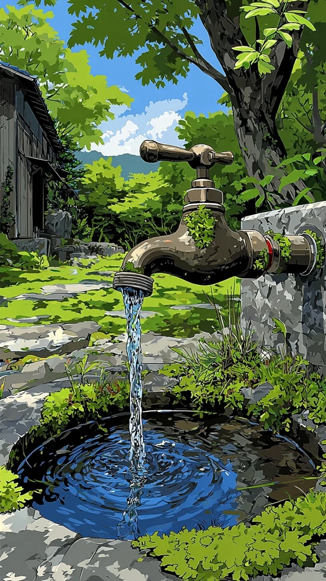 Anime Garden Scene Water Faucet Makoto Shinkai Style