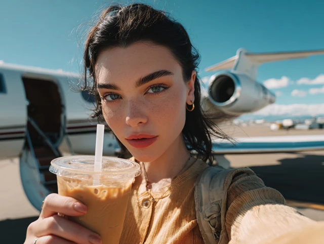 Female Model Selfie Ice Coffee Private Jet