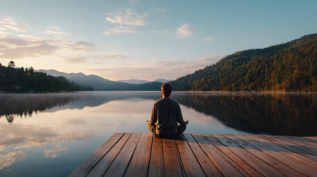 Yoga in Nature Peaceful Scene Calm Lake and Mountains