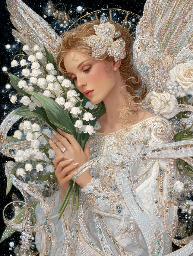 Angel with Roses and Lilies Diamond Painting