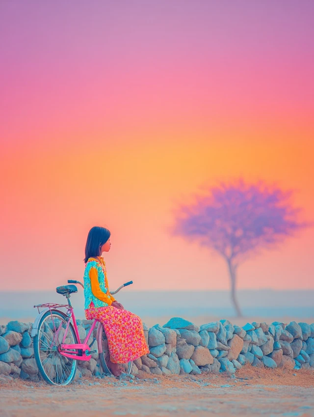 Girl with Broken Bike Evening Reflection