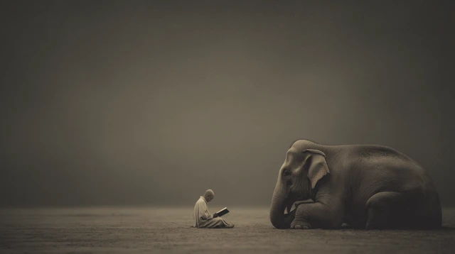 Monk and Elephant Reading: Zen Desert Scene