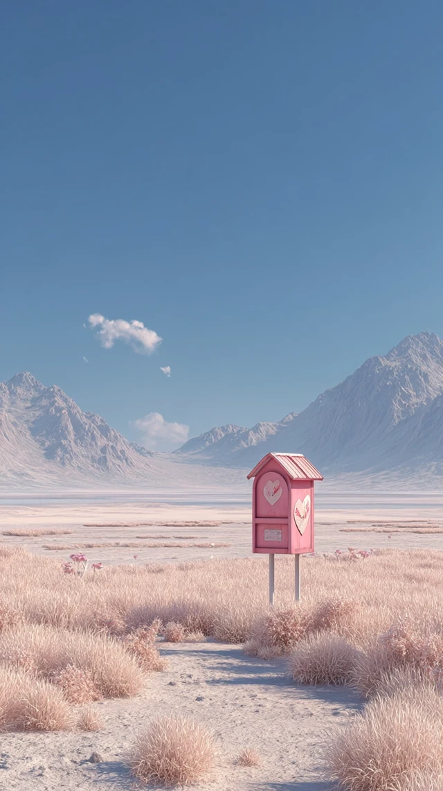 Surreal Mountain Landscape with Pink Mailbox