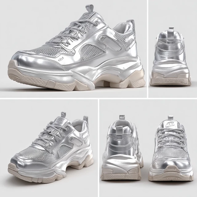 Metallic Silver Chunky Sneakers Product Showcase