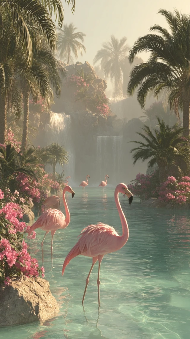 Flamingos Paradise A Serene Waterfall Tropical Scene