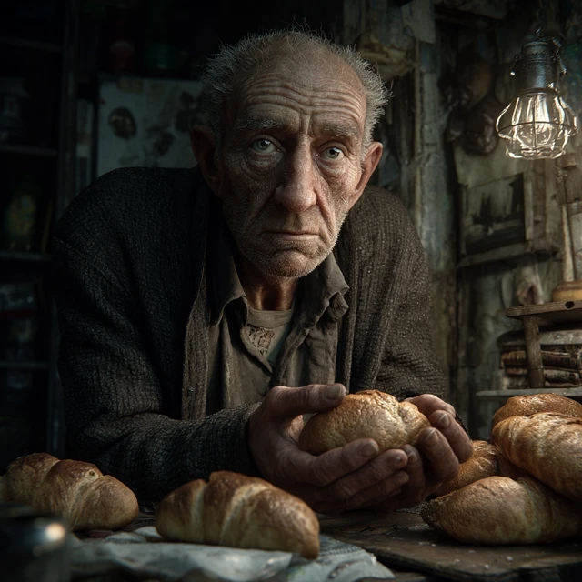 Old Man Offers Bread, Hyperrealistic Portrait