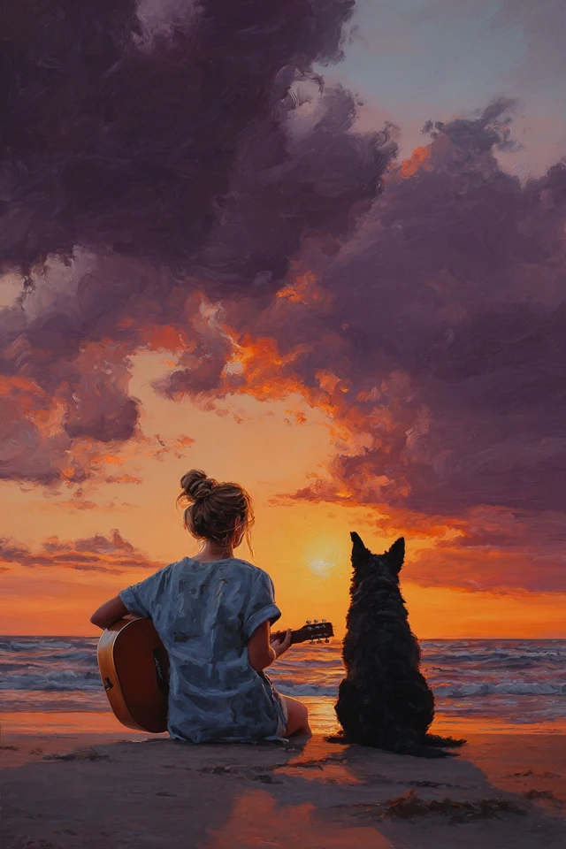 Girl with Guitar and Dog at Sunset Beach Painting