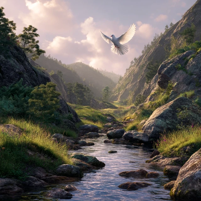 Peaceful Mountain Landscape with Flying Dove