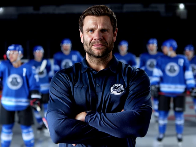 Hockey Coach Leading Team Heroic Portrait