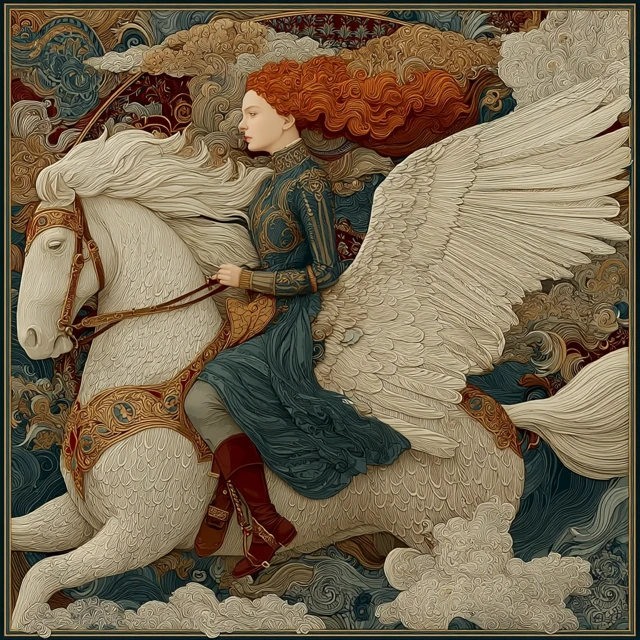 Equestrian Art: Winged Horse Rider in Laurel Burch Style
