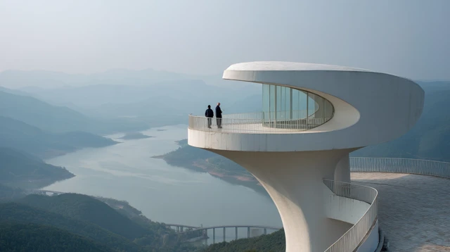 Lotus Flower Viewing Platform Overlooking Lake