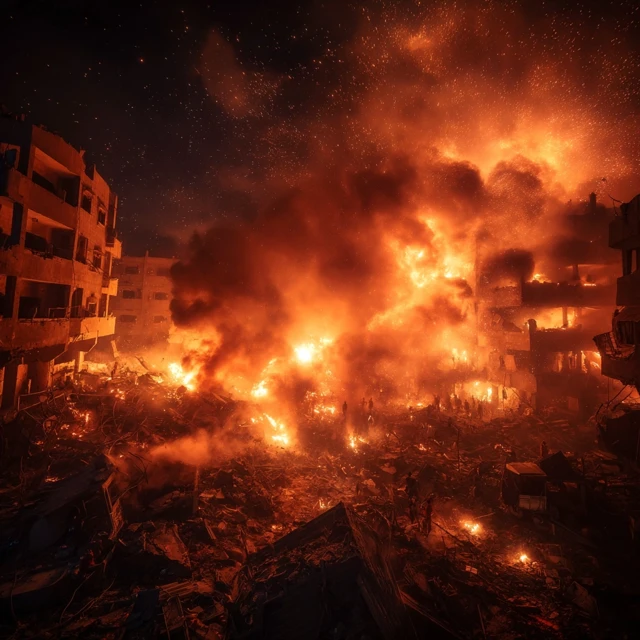 Gaza Fire and Flames at Night Ruined City Photograph