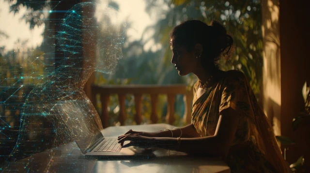 Indian Woman Coding with AI Hologram