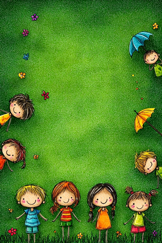 Childs Playful Sketch with Flowers and Children