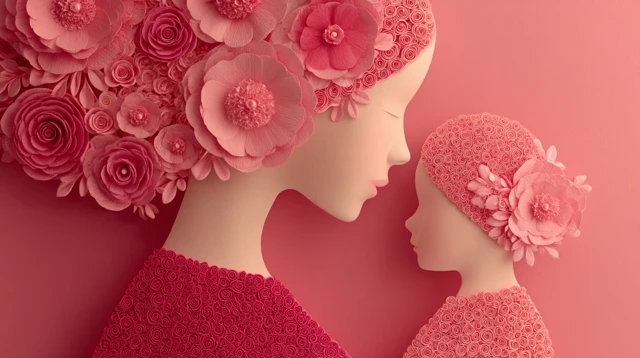 Mother and Child Paper Art with Pink Flowers