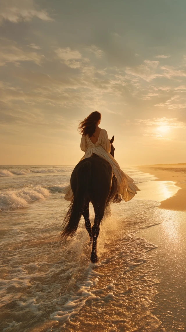 Woman Riding Horse at Sunset on Beach