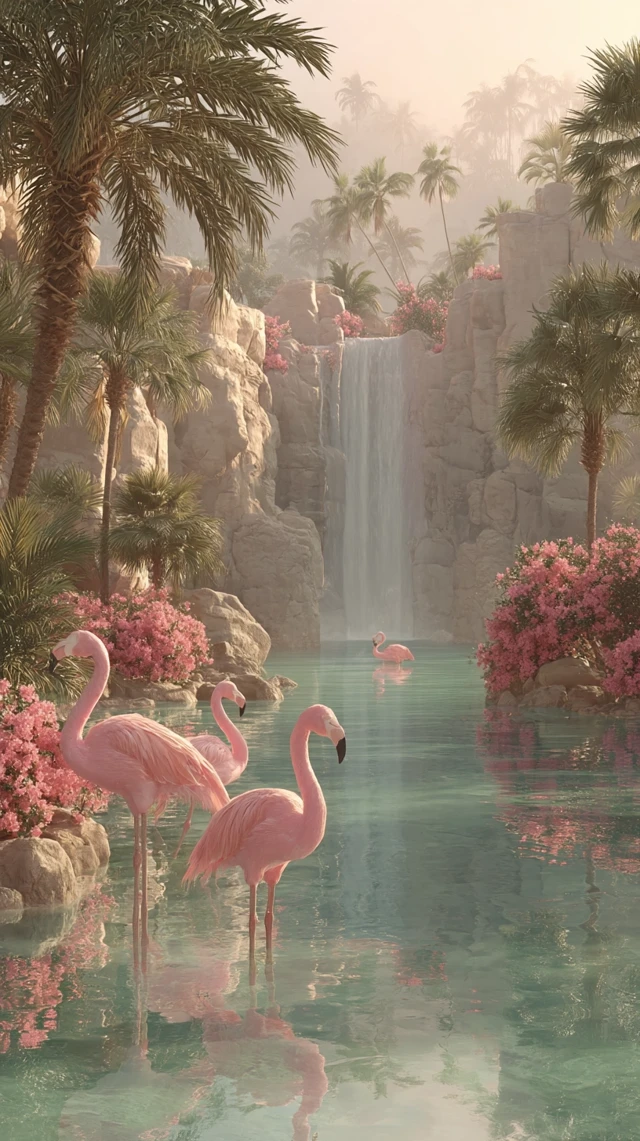 Flamingos Paradise Tropical Waterfall Serene Scene