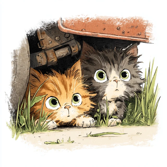 Two Cute Kitten Illustration Hand Painted Style