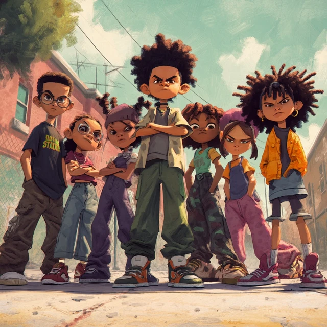 Animated Kids Group Pose 90s Cartoon Style