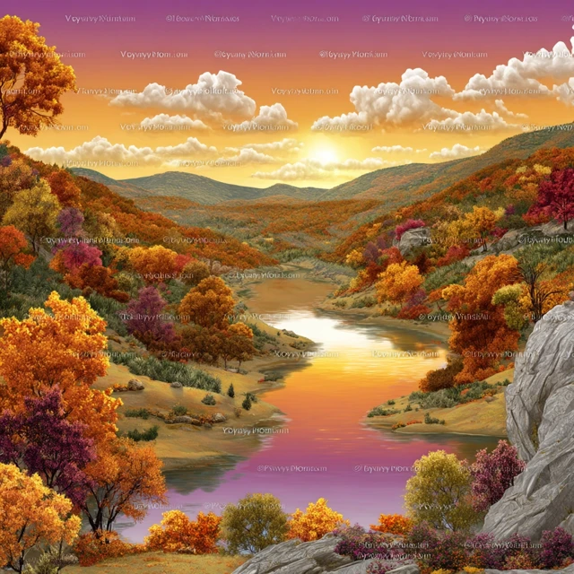 Autumn Forest Landscape Sunset River Painting