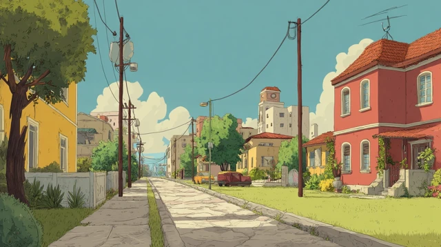 Cartoon Street Scene Watercolor Style