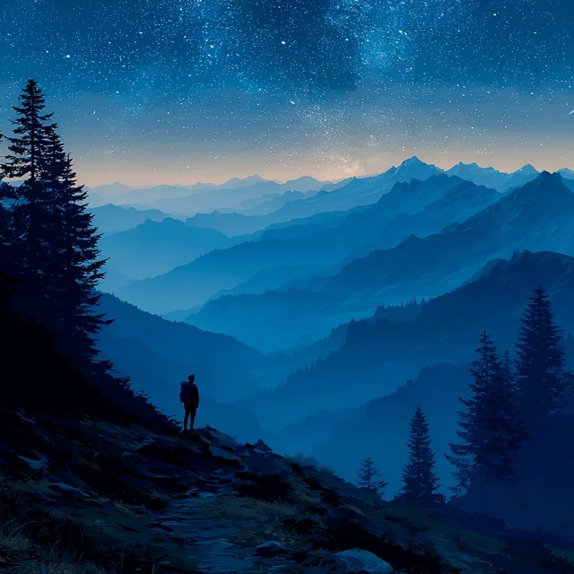 Man in Mountains Under Starry Night Illustration