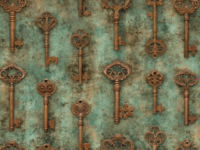 Steampunk Rusty Vintage Keys Sepia Paper Pattern
