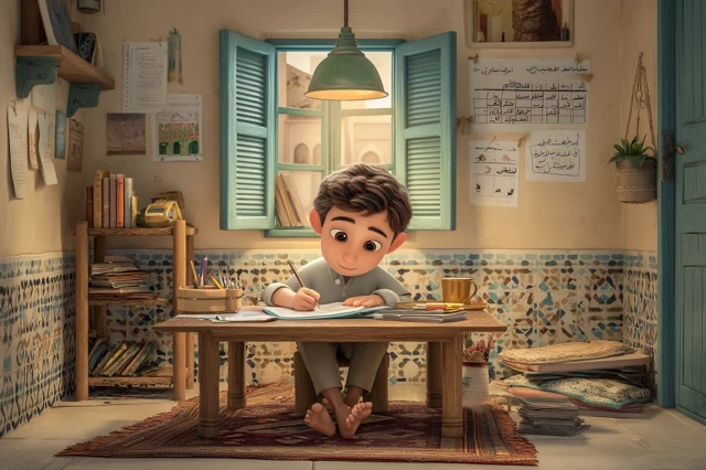 Egyptian Schoolboy Studying in Cozy Home 3D Cartoon