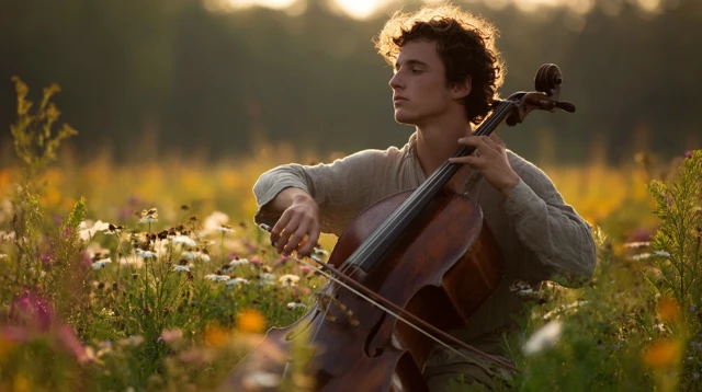Man Playing Cello in Meadow Serene Music and Nature