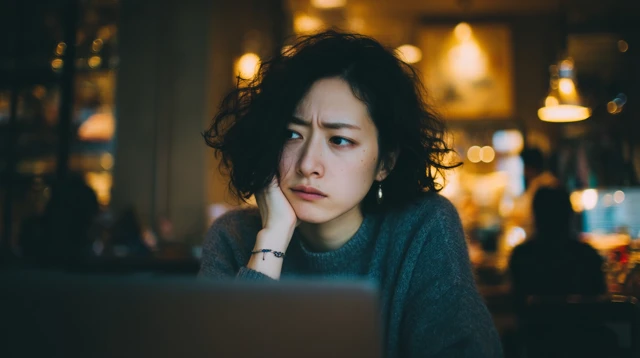 Japanese Blogger at Cafe Working on Laptop