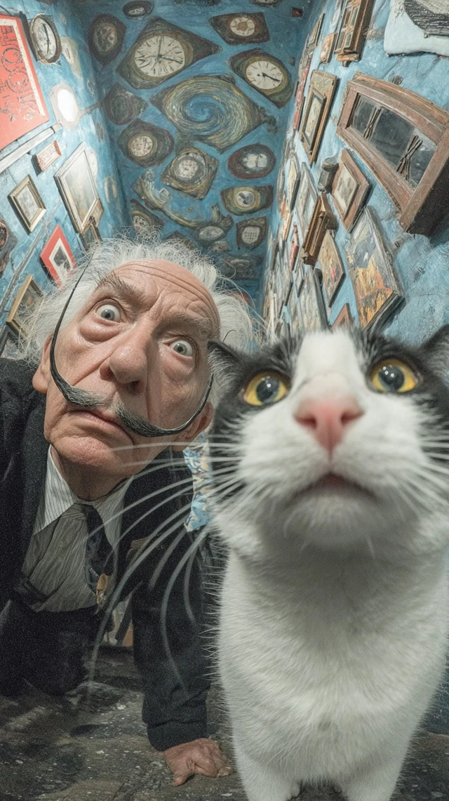 Surreal Cat Selfie with Dali Whiskers and Melting Clocks