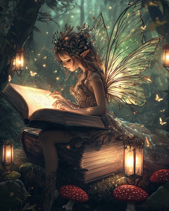 Fairy Reading Fairytales in Enchanted Forest Illustration