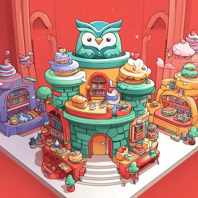 Kawaii Owl Library Dessert Shop Cartoon