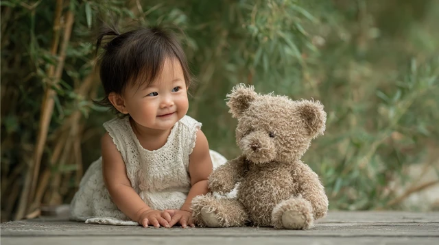 Adorable Asian Baby Girl with Teddy Bear