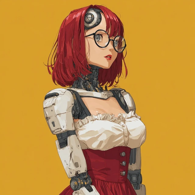 Anime Cyborg Girl Red Hair and Glasses