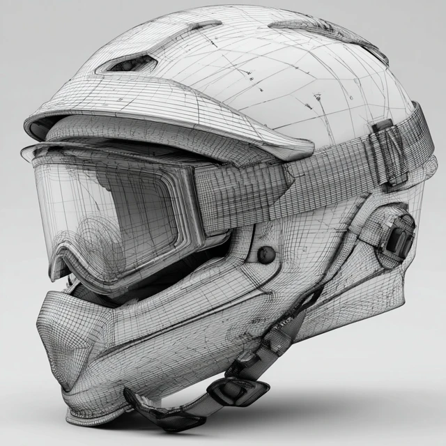 Electric Bike Helmet with VR Goggles Wireframe Draft