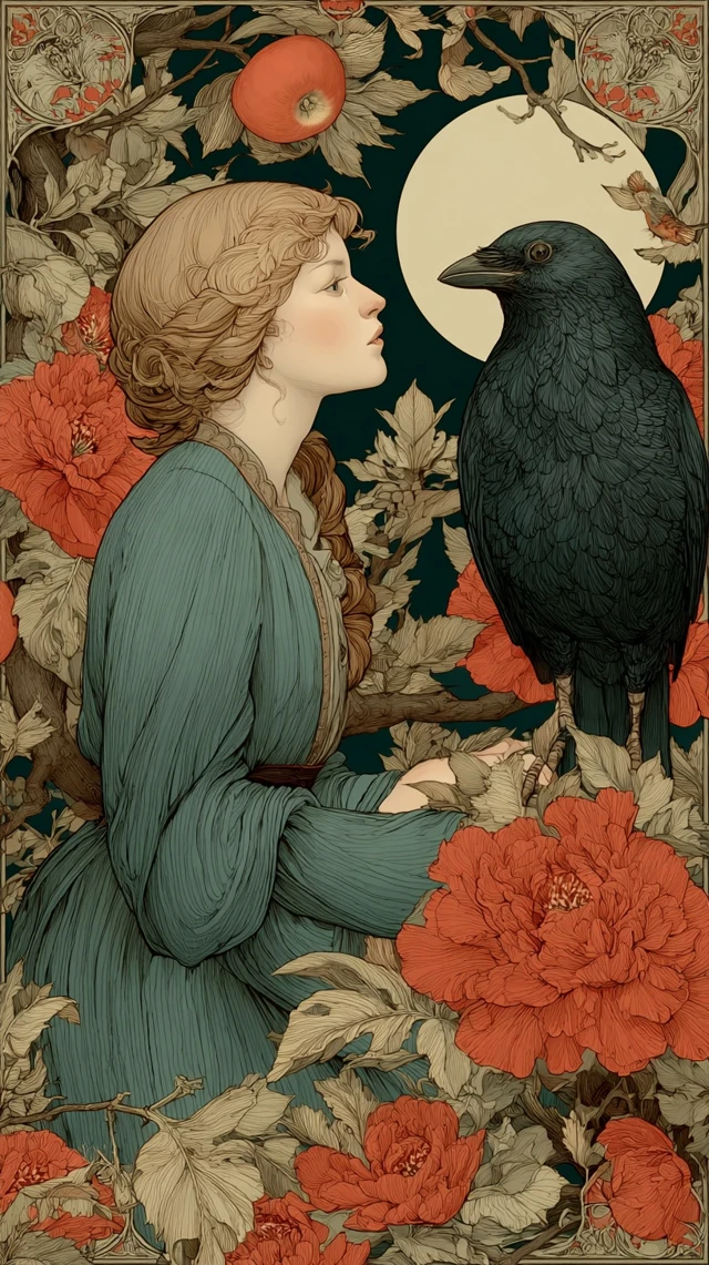 Woman and Bird Illustration in Guay Style