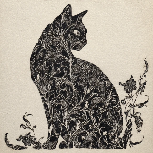 Floral Cat Stencil Black and White Art