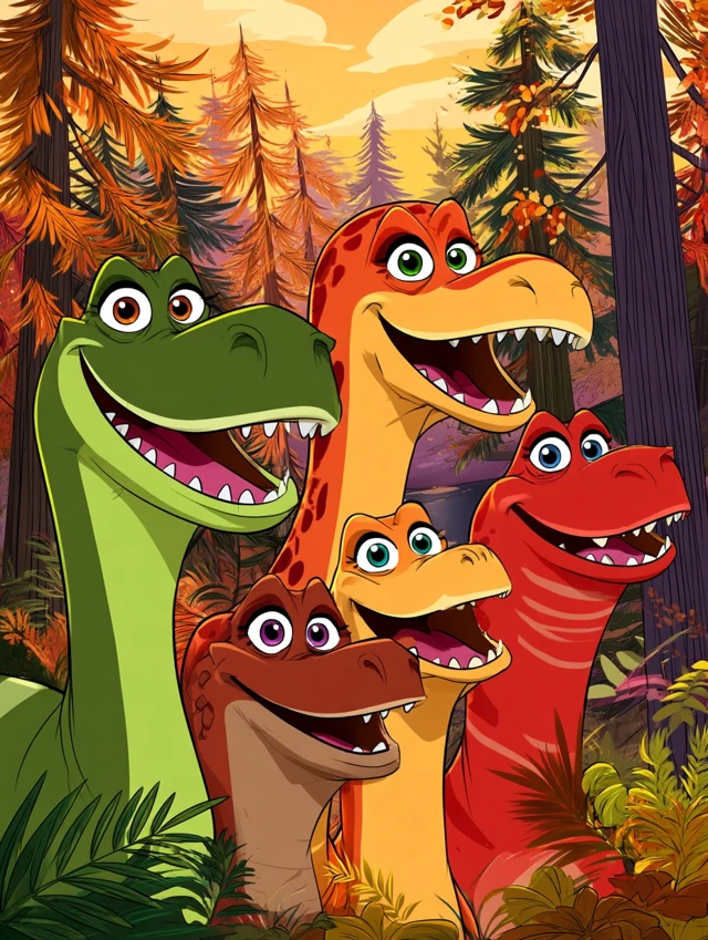 Cartoon Dinosaurs Smiling in a Forest
