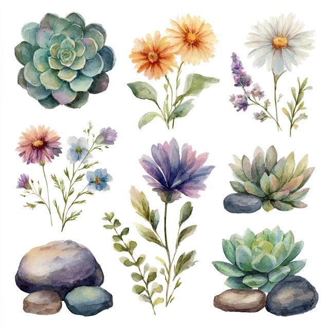 Watercolor Succulents Flowers Stones Clipart
