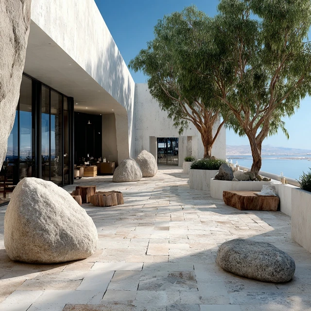 Outdoor Garden with White Stones and Dancing Trees