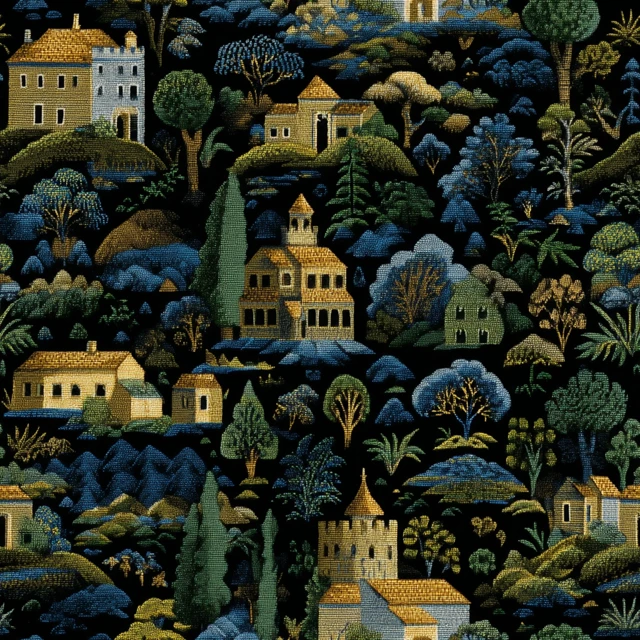 Landscape Fabric Pattern Village Castle Green Blue Gold