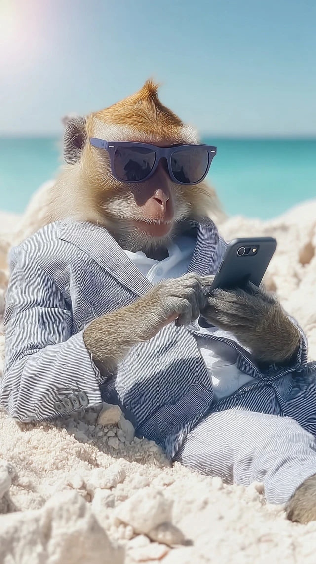 Monkey in Suit Takes Beach Selfie iPhone Video