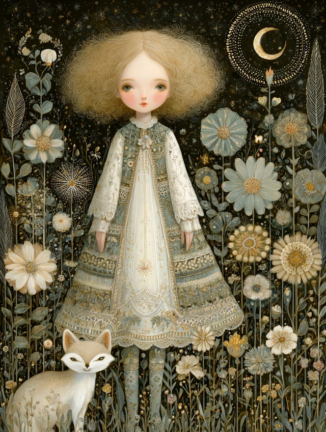 Art Nouveau Girl in Meadow with Fox Moonlight